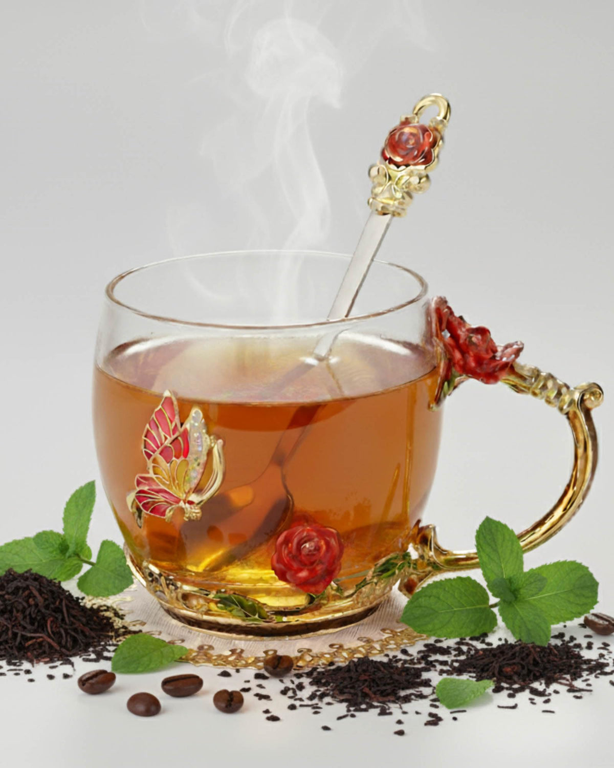 ColoVie taza de cristal esmaltada con mariposa 3D, ideal para té elegante