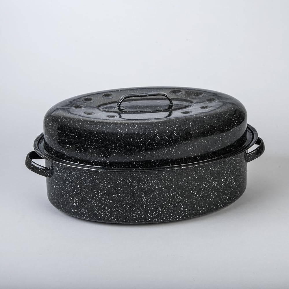 Columbian Home Granite Ware, esmalte porcelánico negro retiene calor para dorado uniforme.