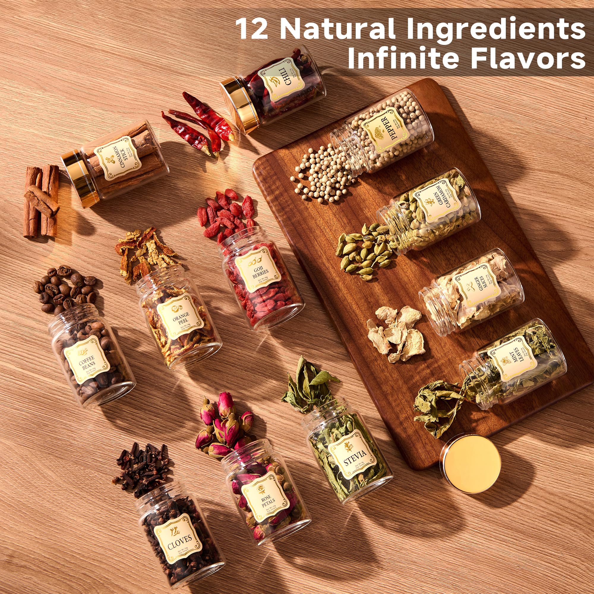 ComboJoy jarra de infusión con botánicos para preparaciones aromáticas.