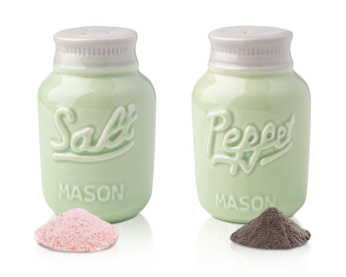 Comfify jarras Mason para sal y pimienta, acabado verde agua, ideal para mesa rústica.