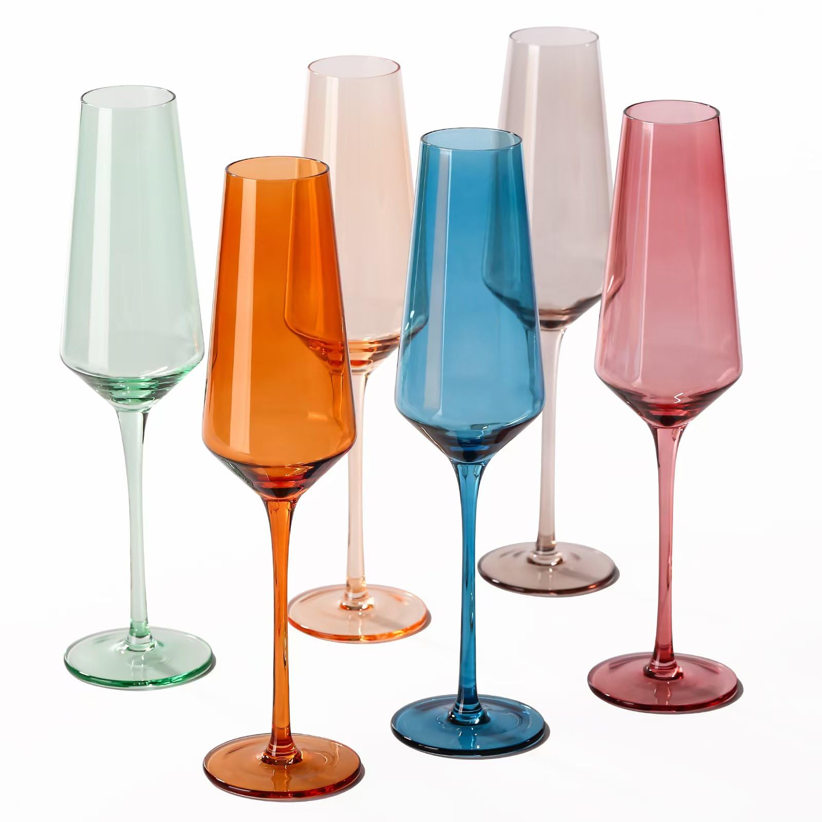Copas de champagne coloreadas de comfit, set de seis, para brindis festivos.