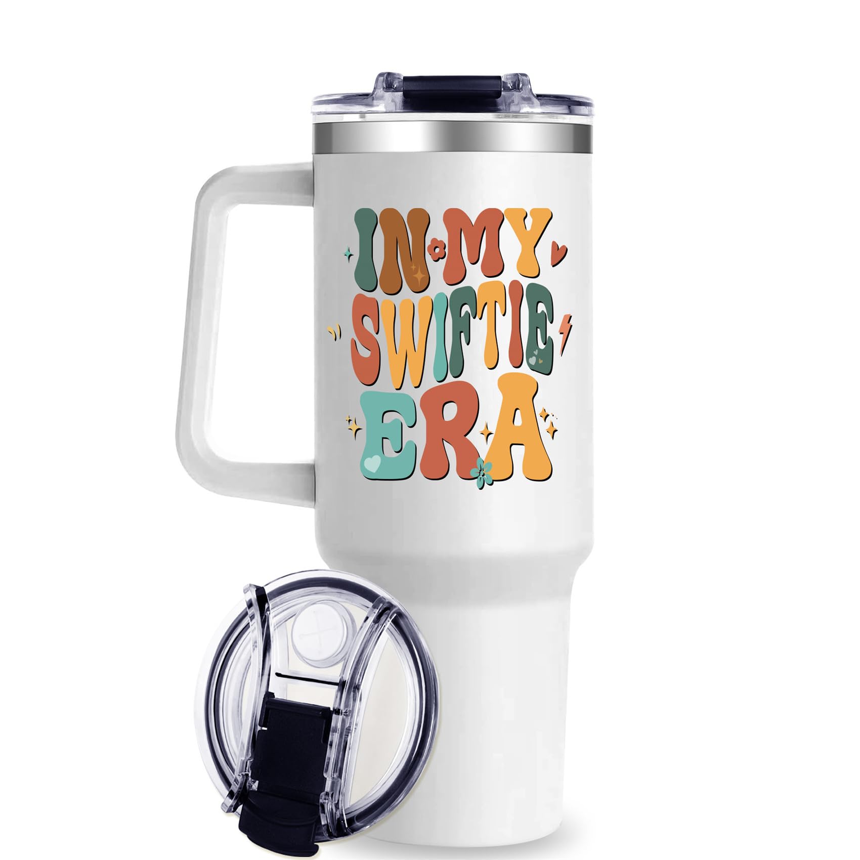ComfyDwel vaso termo 40onzas, frente y asa, ideal para llevar bebidas durante el día.