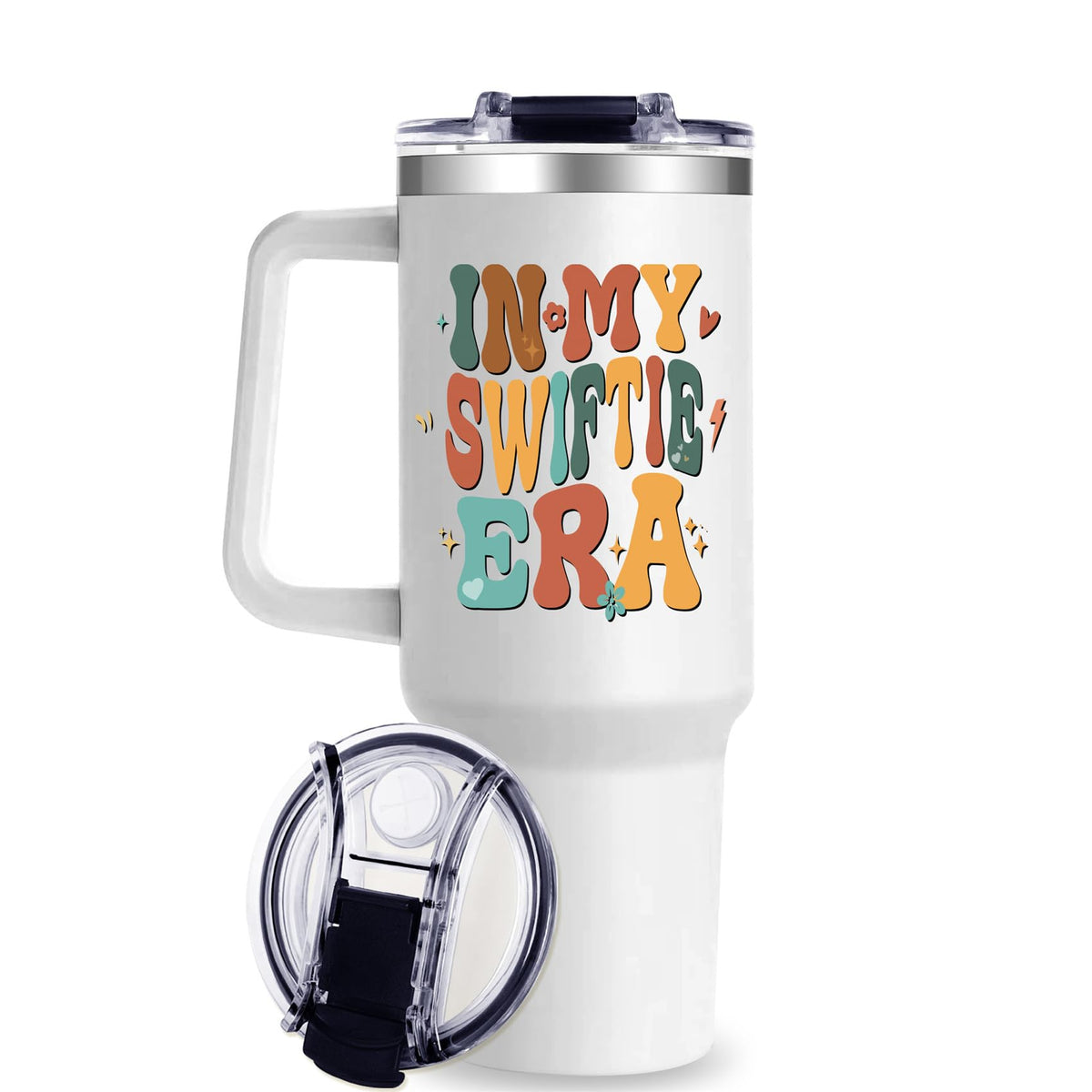 ComfyDwel vaso termo 40onzas, frente y asa, ideal para llevar bebidas durante el día.