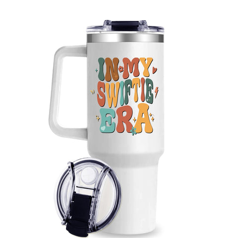 ComfyDwel vaso termo 40onzas, frente y asa, ideal para llevar bebidas durante el día.