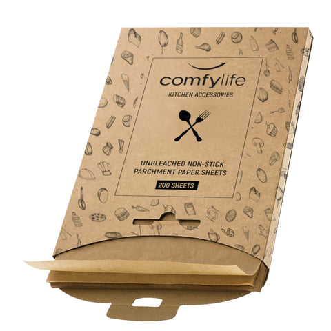 Comfylife papel para hornear pre-cortado que evita doblar y facilita la cocina.