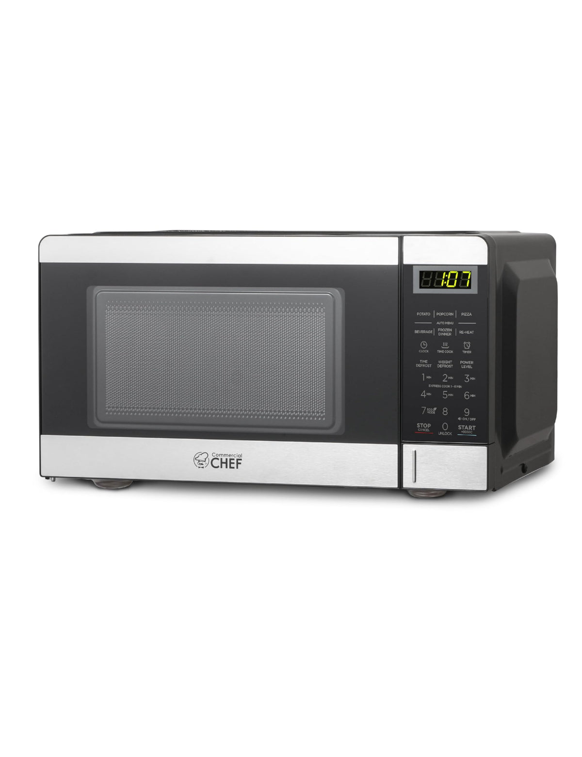Commercial CHEF microondas visto de frente en la encimera para cocción rápida.