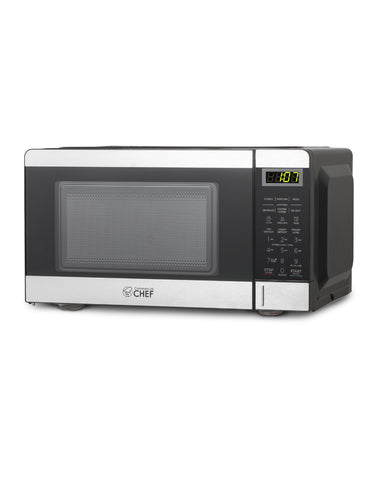 Commercial CHEF microondas visto de frente en la encimera para cocción rápida.