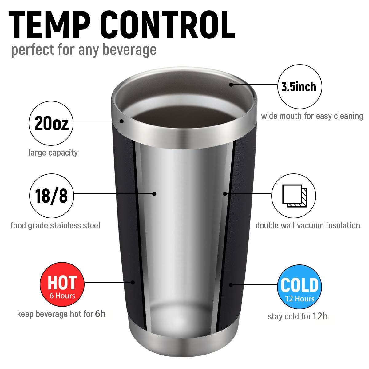 COMOOO Taza acero inoxidable 20oz, interior pulido, sin sabor residual.