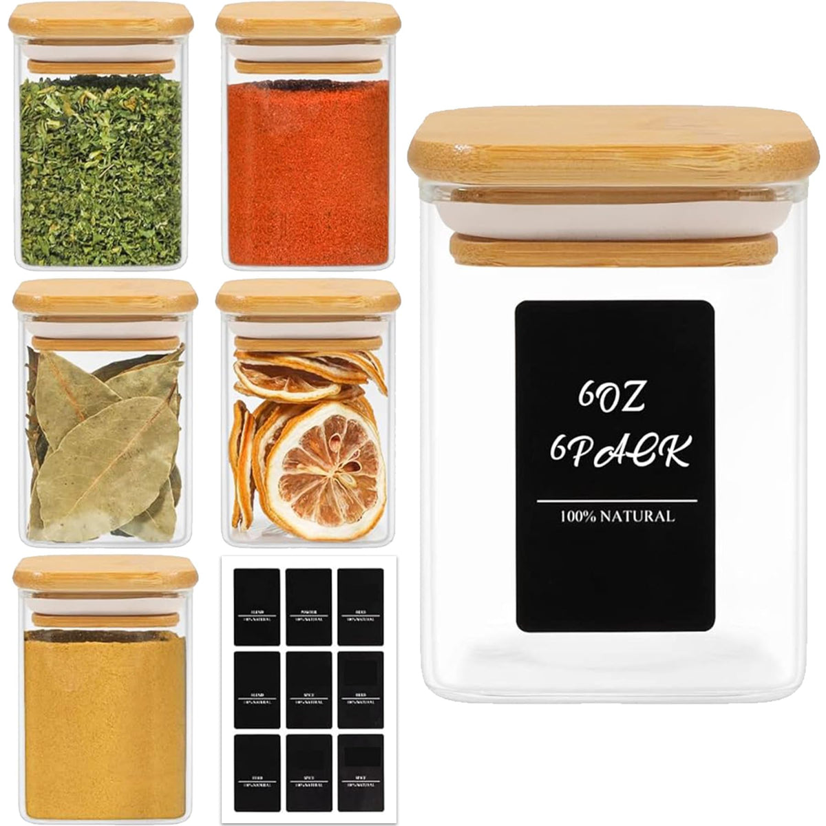 ComSaf botes de especias 6 oz con tapas de bambú, ideales para organización.