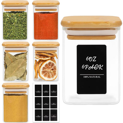 ComSaf botes de especias 6 oz con tapas de bambú, ideales para organización.