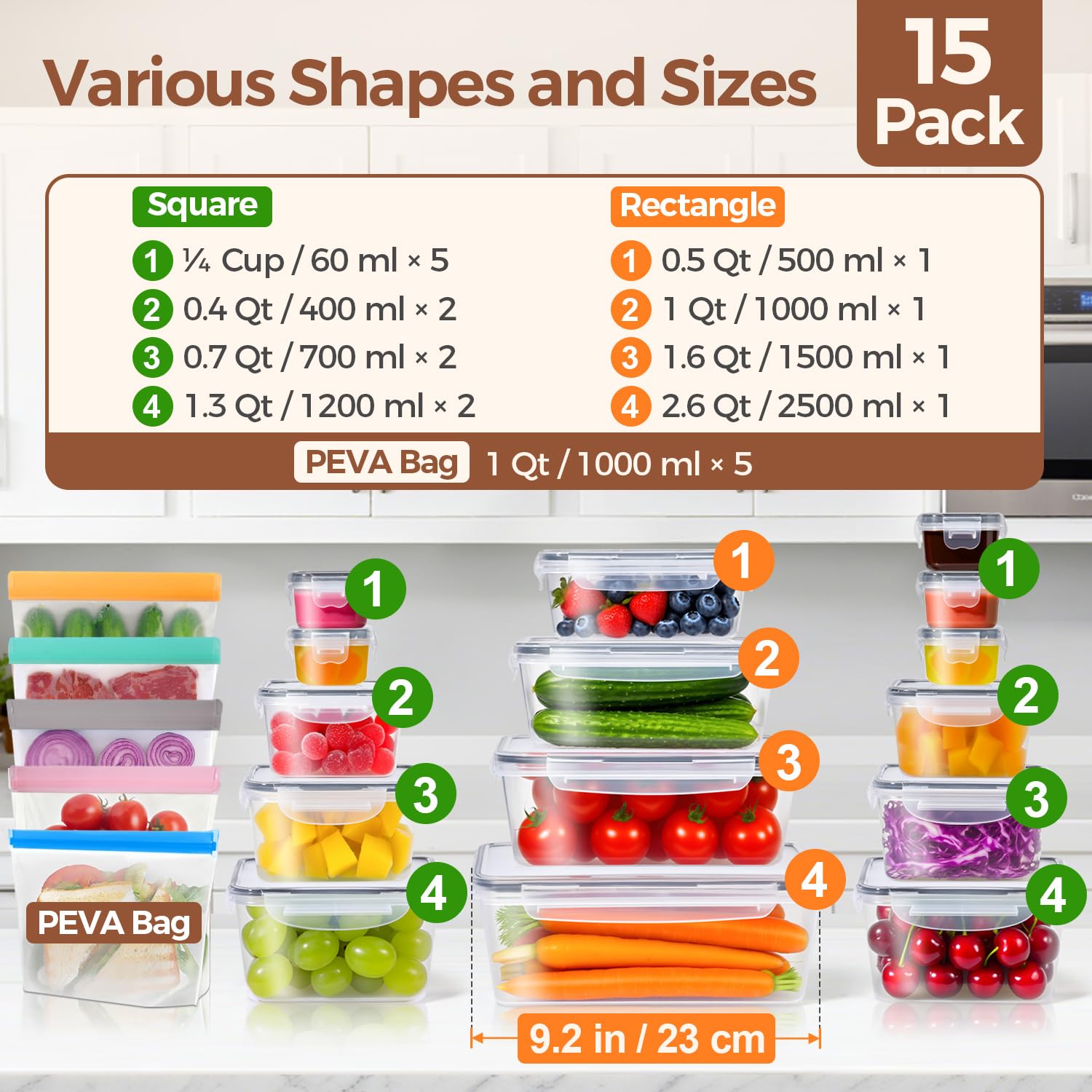 ComSaf contenedores cuadrados 1200ml, ideales para frutas o porciones para compartir