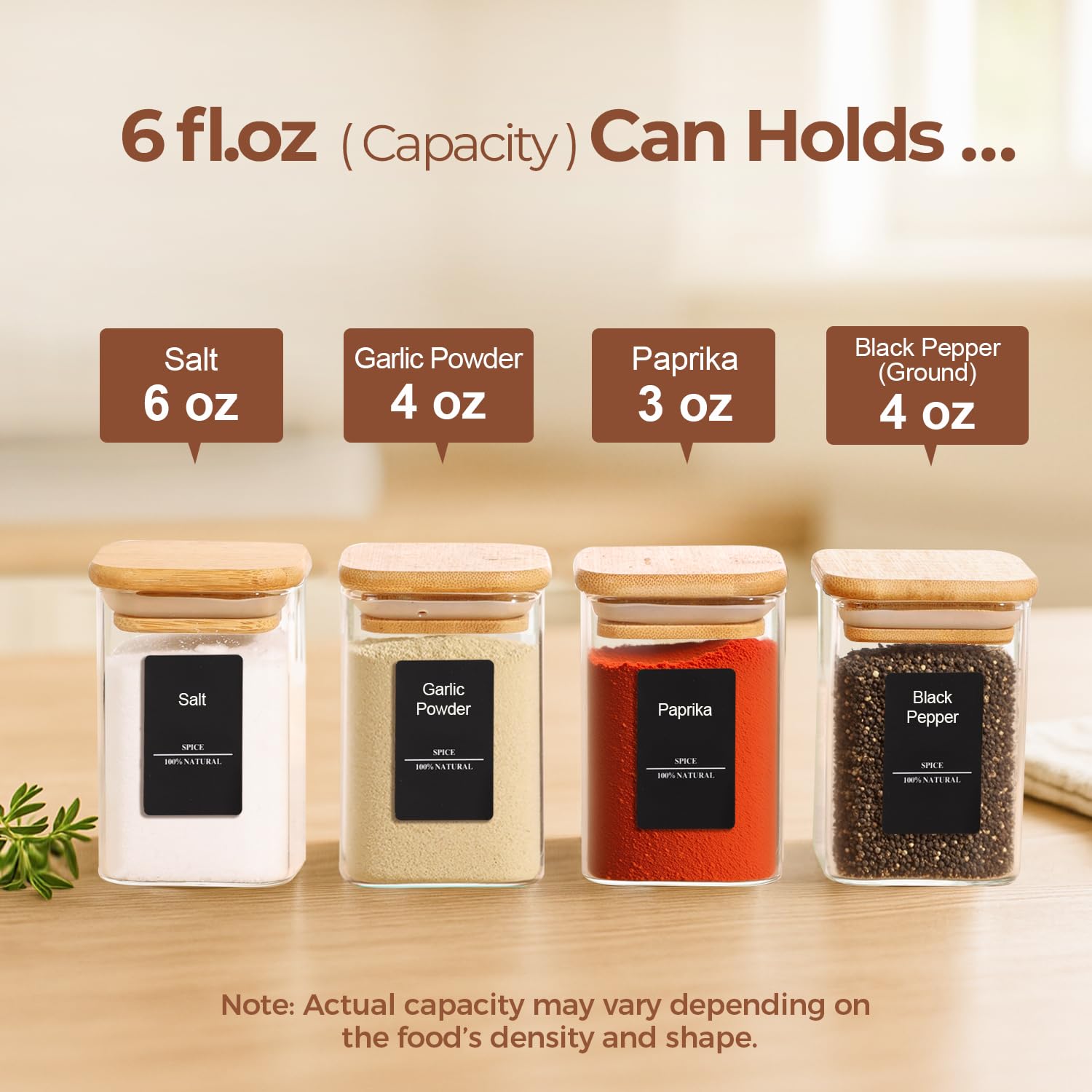 Frascos cuadrados de 6oz de ComSaf optimizan el espacio en la alacena.