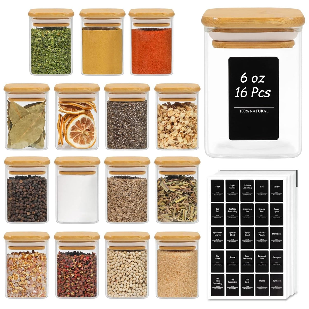 Frascos de vidrio ComSaf con tapa de bambú, conservan especias frescas y organizan la cocina.