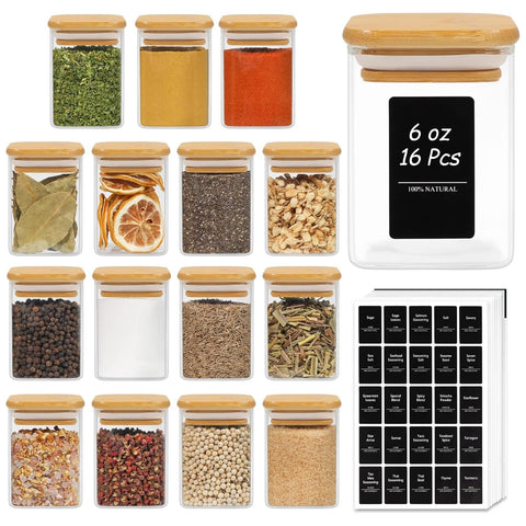 Frascos de vidrio ComSaf con tapa de bambú, conservan especias frescas y organizan la cocina.
