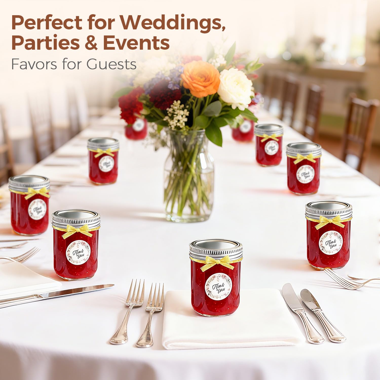 Ideal para decoración de bodas con frascos ComSaf, elegantes y reutilizables.