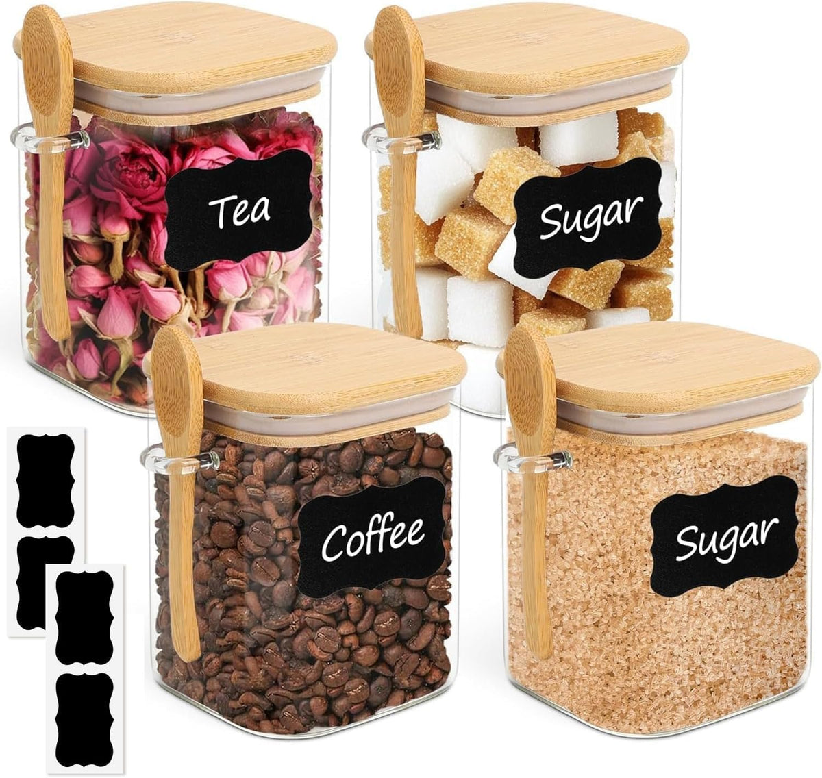 ComSaf frascos de vidrio cuadrados 0,8 qt con tapas de bambu para azucar y cafe.