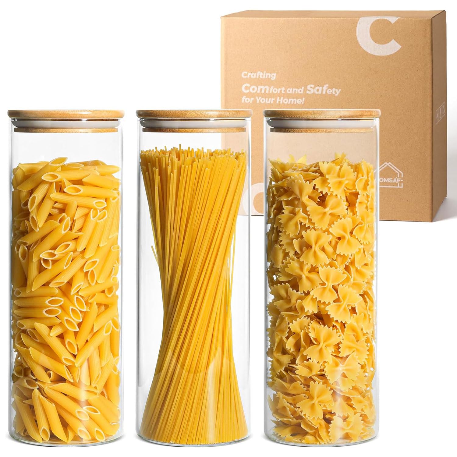 ComSaf jarrón de pasta 2qt con tapa de madera para almacenamiento seguro.