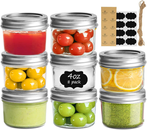 ComSaf frascos mini Mason 4oz en pack de 8 para porciones portátiles.