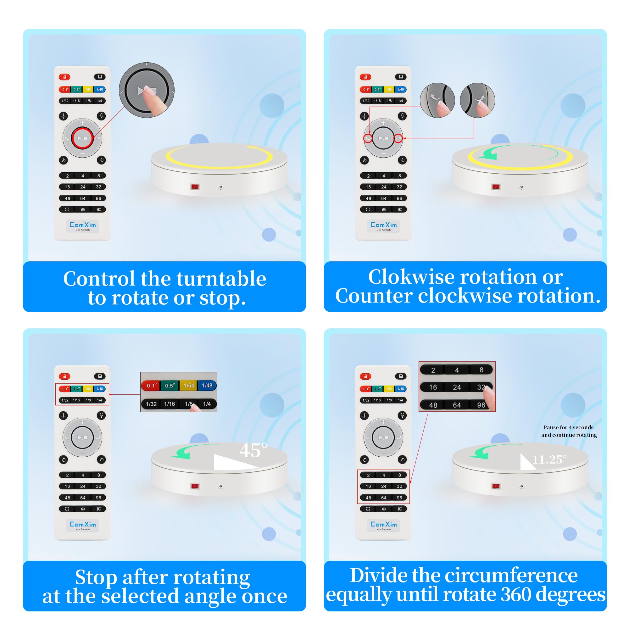ComXim control remoto para ajustar la rotación sin tocar la base.