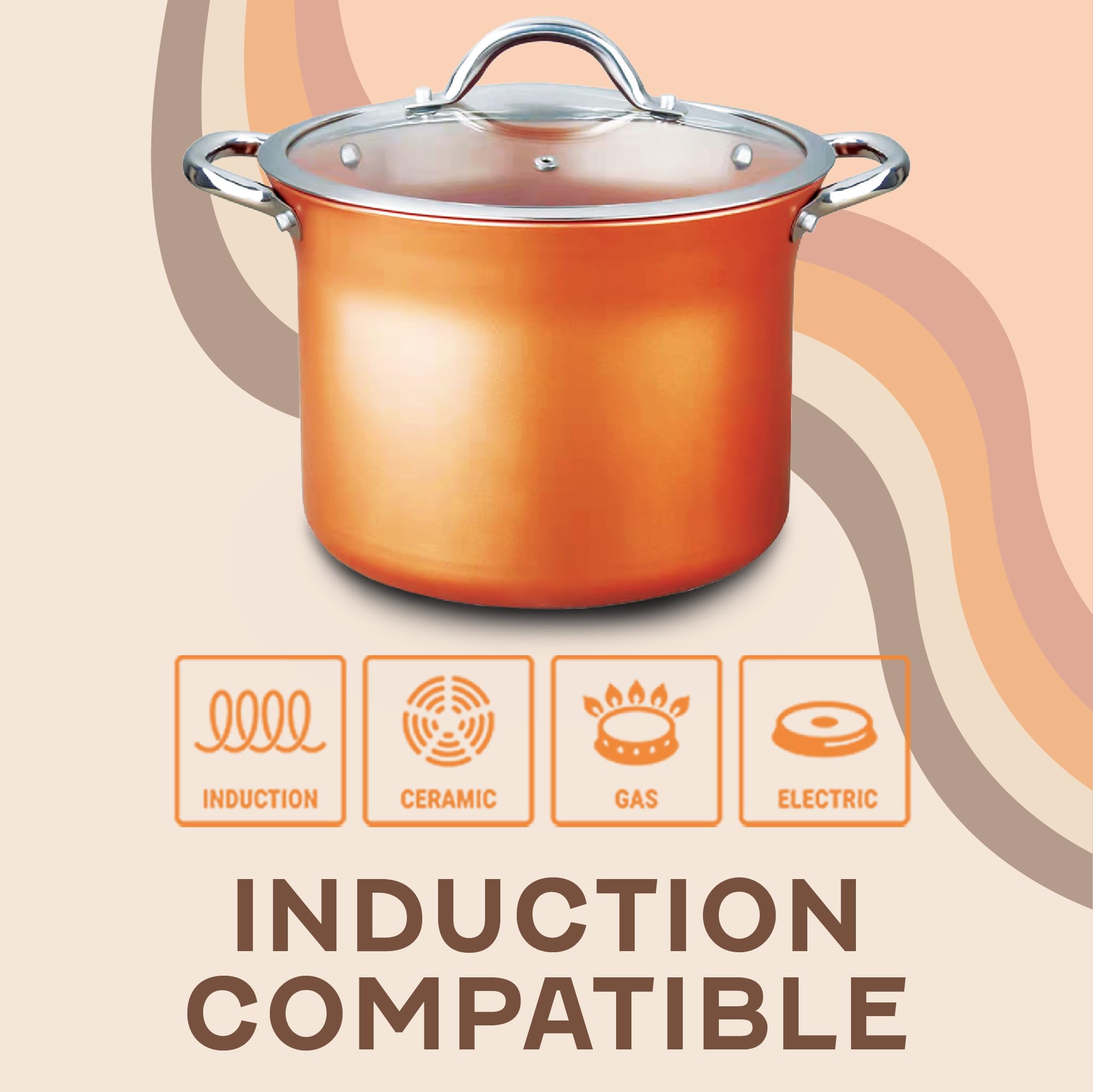 Concord Olla cobre antiadherente 7qt, tapa de acero inoxidable para cocción segura.