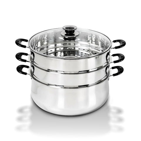 Vaporera Concord de 30 cm en primer plano, tres niveles para cocinar al vapor.