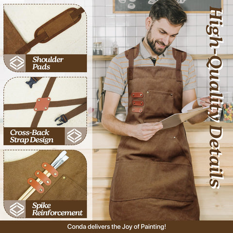 Delantal conda-chef-apron-protección-hombros distribuye el peso para mayor comodidad.