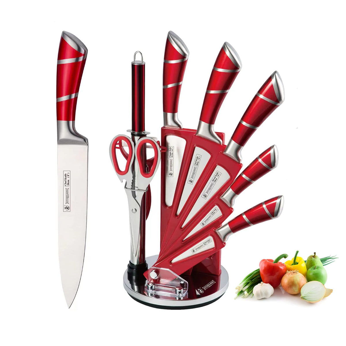 Conjunto de cuchillos de cocina 9 piezas rojo con bloque acrilico, almacenamiento práctico para la encimera.