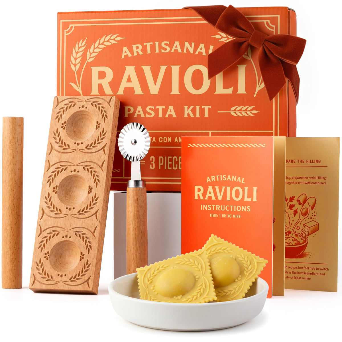 Conjunto regalo de cocina: prensa para ravioli artesanal para rellenos uniformes.
