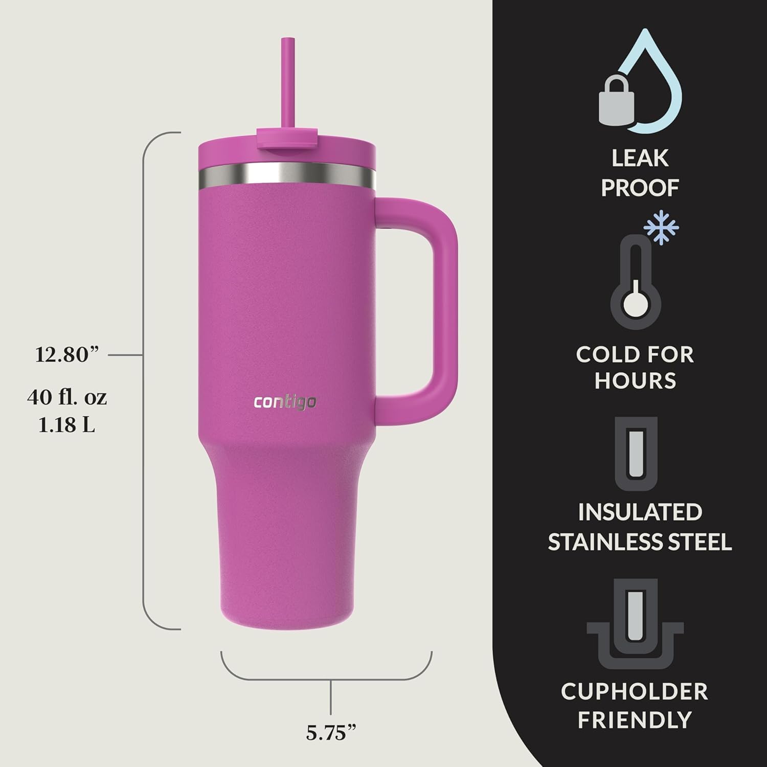 Contigo Streeterville 40oz, tapa multifunción con pajilla para beber con o sin sorbo.