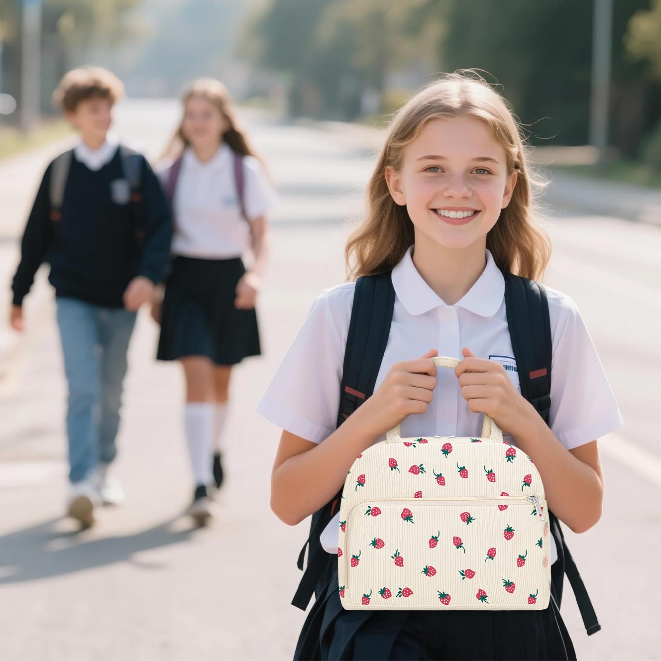 Coobiiya bolsa de pana con diseño fresa, duradera para uso diario.