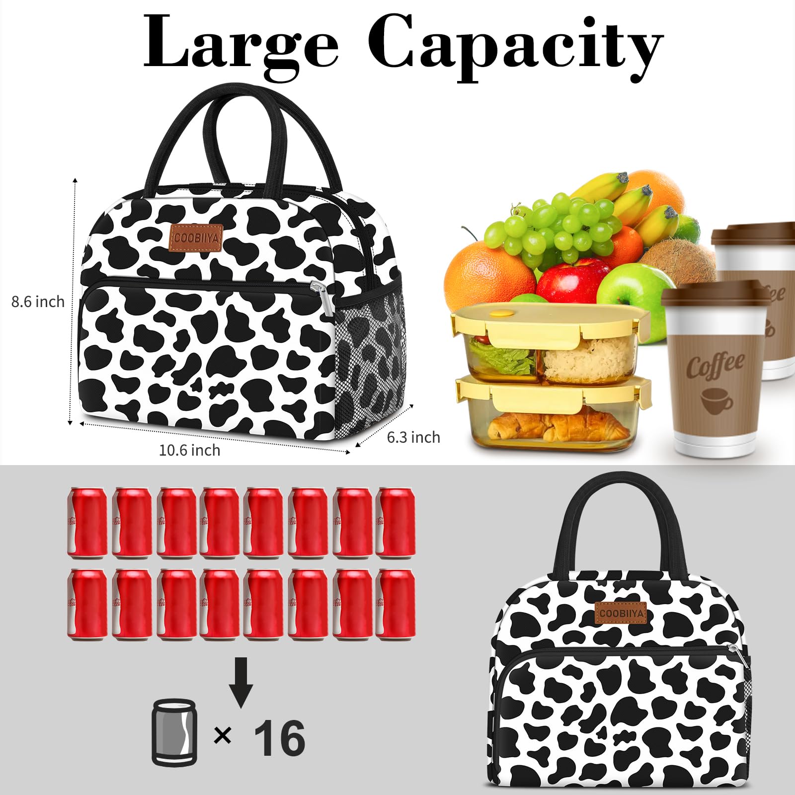 Coobiiya bolsa de almuerzo con bolsillo frontal y cremallera para utensilios y llaves.