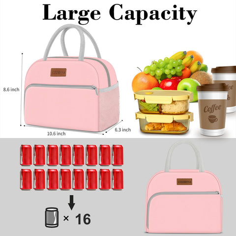 Coobiiya bolsa de almuerzo rosa, bolsillo frontal para utensilios y llaves.