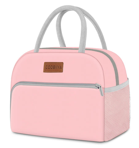 Coobiiya bolsa de almuerzo rosa frente, ideal para llevar comidas ligeras en la oficina.