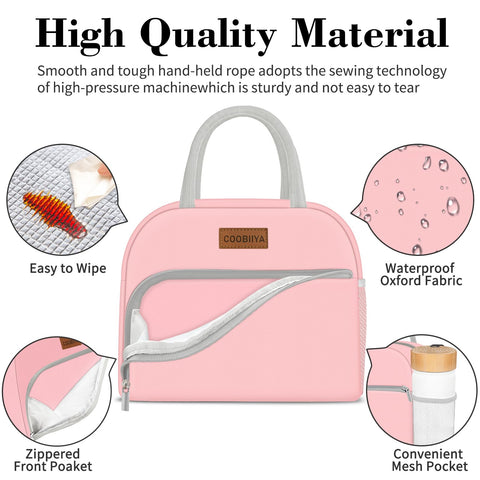 Coobiiya bolsa de almuerzo rosa, bolsillo malla lateral para botella o paraguas.