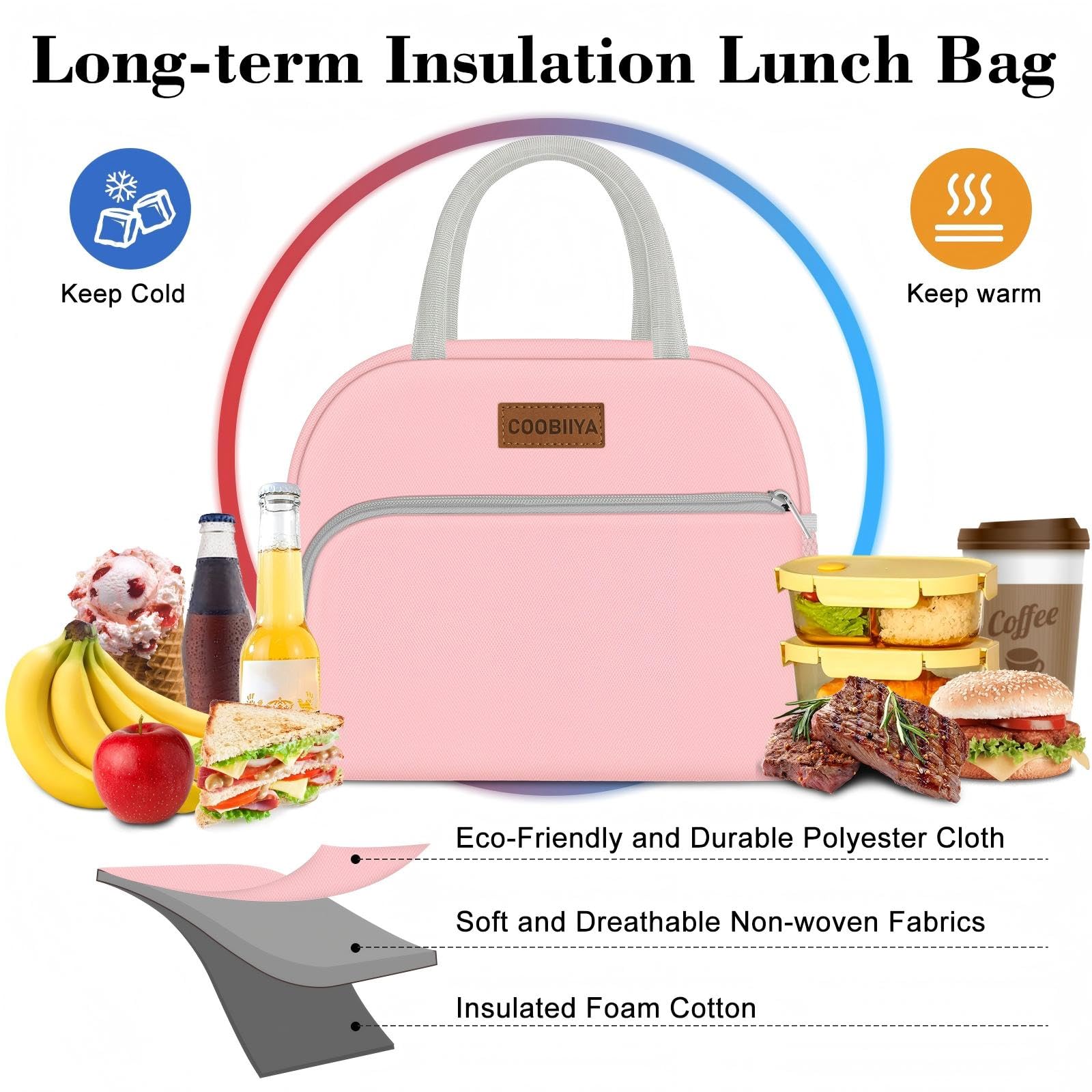 Coobiiya bolsa de almuerzo rosa, uso versátil para trabajo, estudio o picnic.
