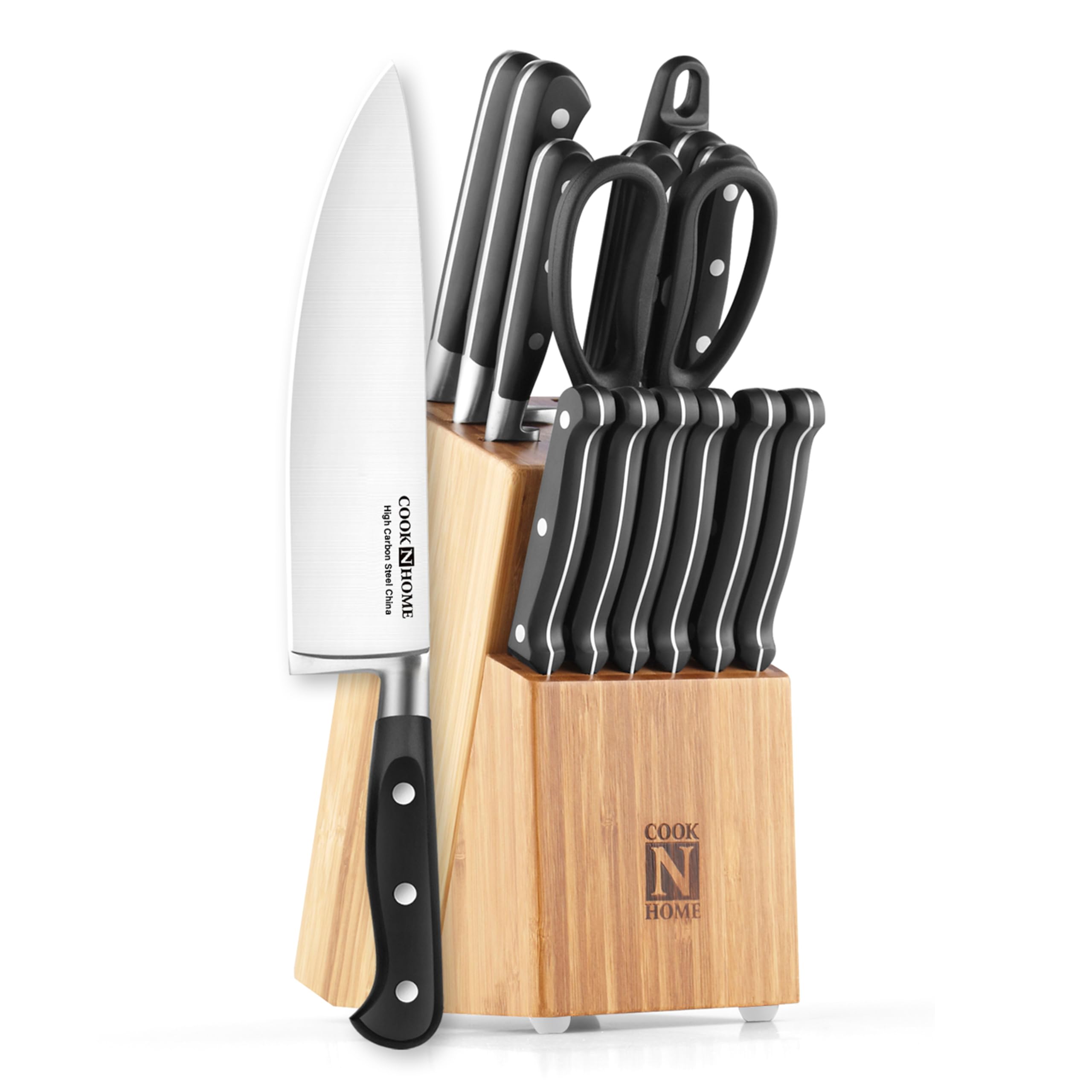 Conjunto de cuchillos Cook N Home con bloque de bambú para almacenamiento seguro.