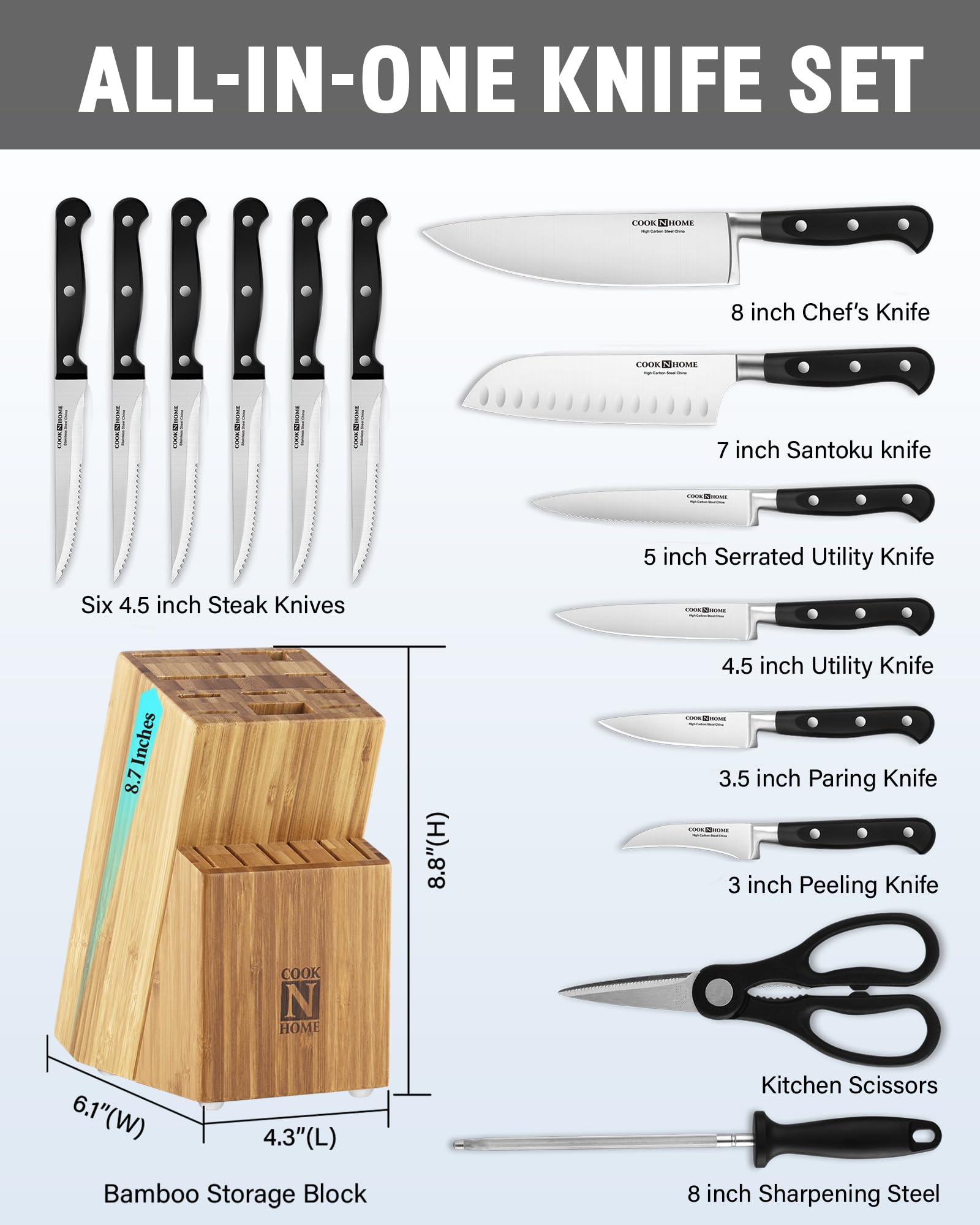 Cuchillo chef Cook N Home de 8 pulgadas para cortes precisos.