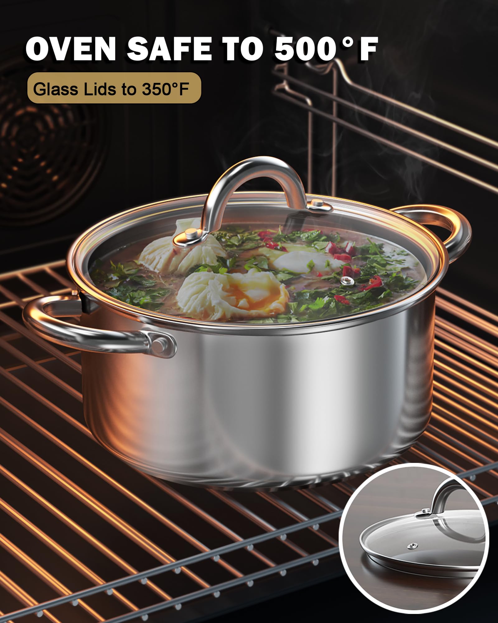 Diseño apilable de la Olla Cook N Home para ahorrar espacio.