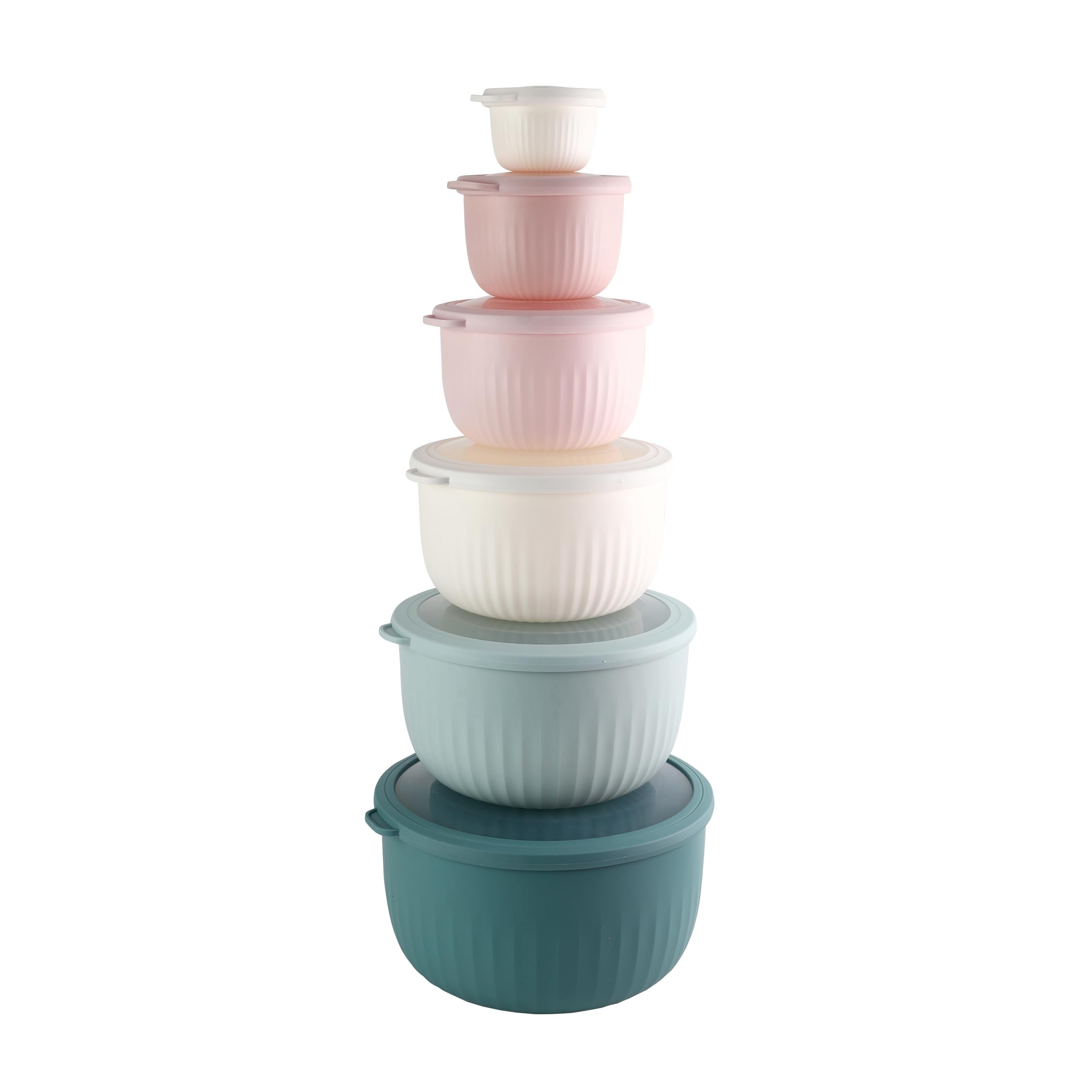 COOK WITH COLOR: tazones apilables teals y rosas para ahorro de espacio.