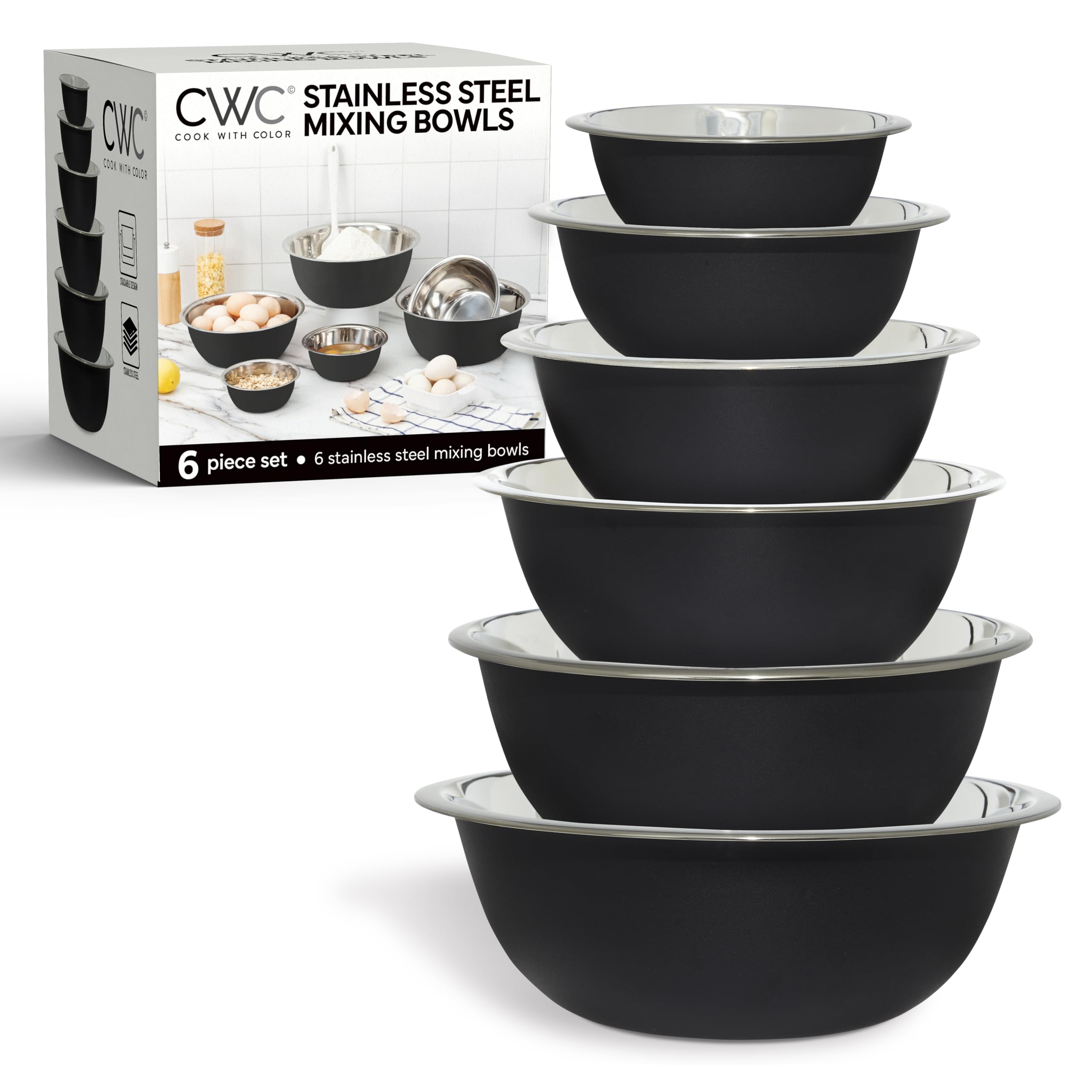 COOK WITH COLOR tazones de acero inoxidable apilables para ahorrar espacio en la cocina.