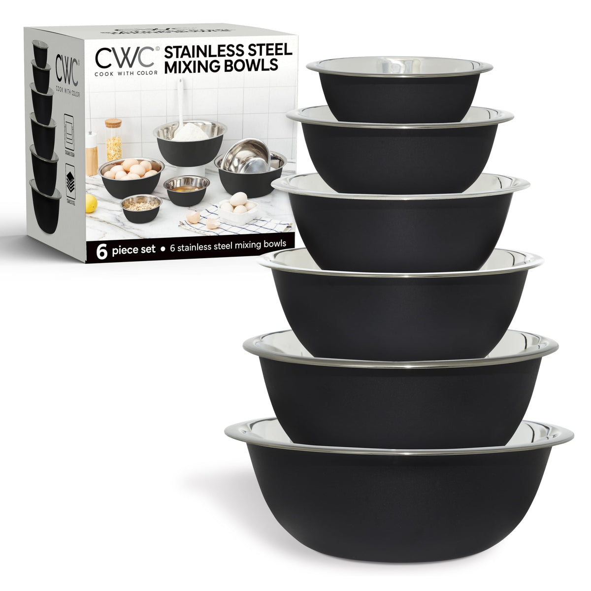 COOK WITH COLOR tazones de acero inoxidable apilables para ahorrar espacio en la cocina.