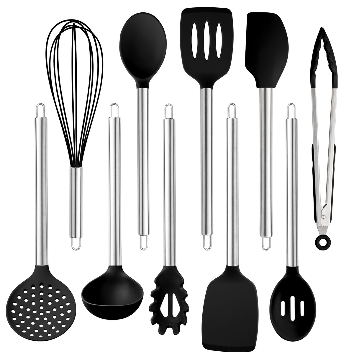 COOK WITH COLOR: vista general del juego de utensilios de silicona negro, protege sartenes antiadherentes.