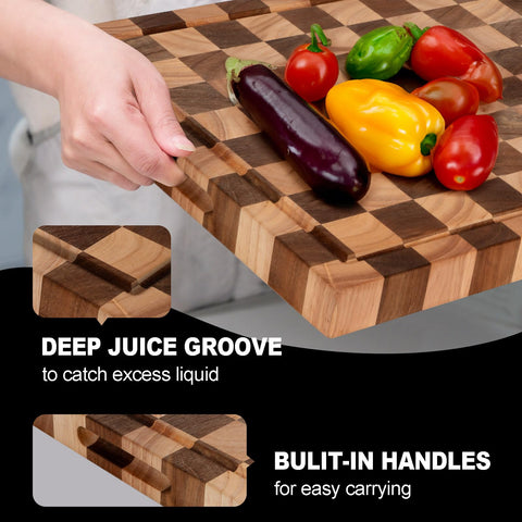 Cookaholic: tabla de acacia con diseño end-grain para protección del filo.