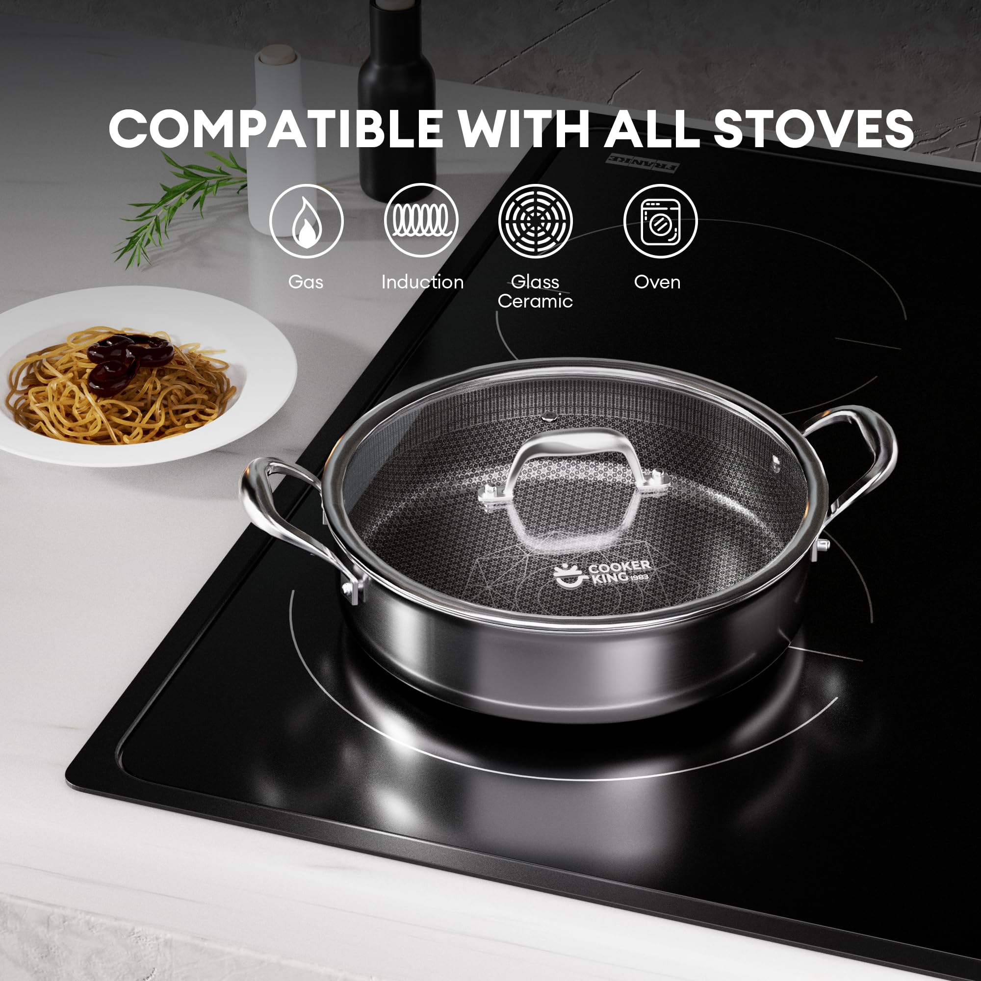 COOKER KING diseño triple-ply: calor uniforme en toda la superficie para sellar carnes