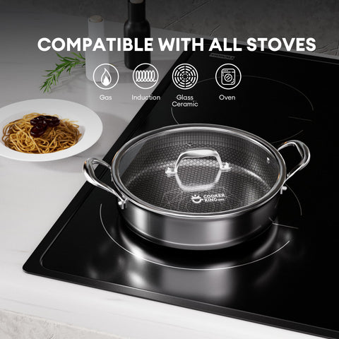 COOKER KING diseño triple-ply: calor uniforme en toda la superficie para sellar carnes