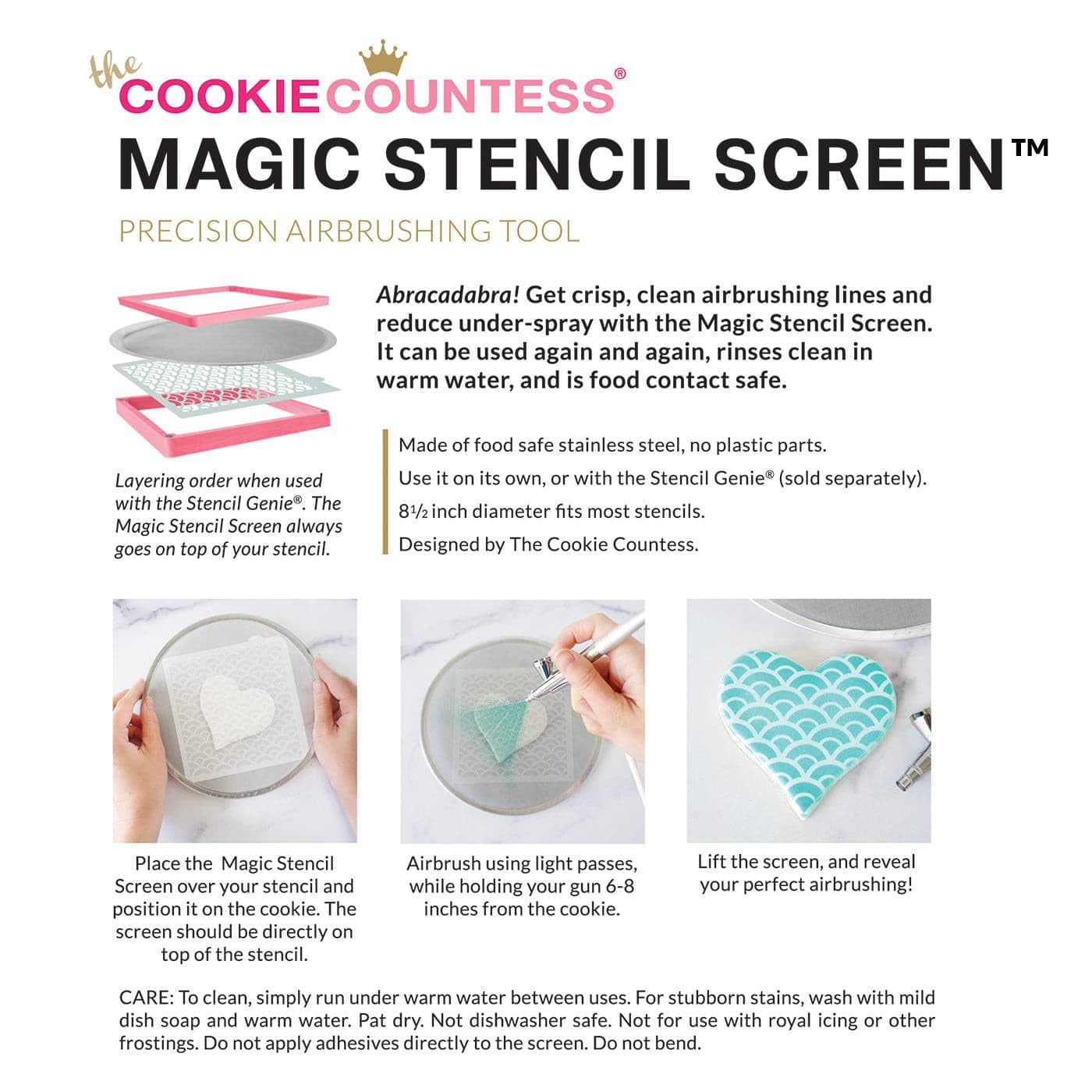 The Cookie Countess pantalla en acero inoxidable, segura para alimentos y duradera.