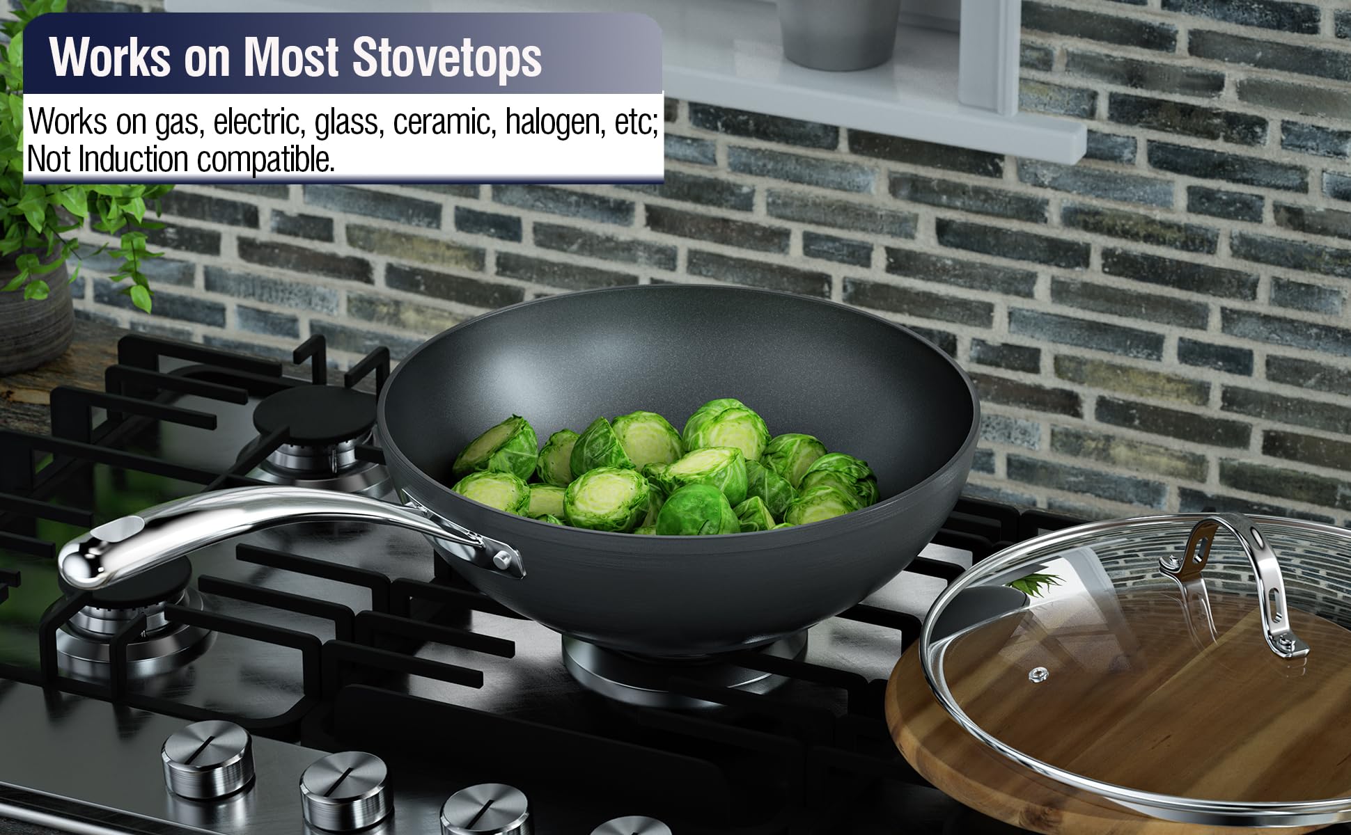 Cooks Standard Wok con mango ergonómico de acero inoxidable, cómodo y frío al tacto