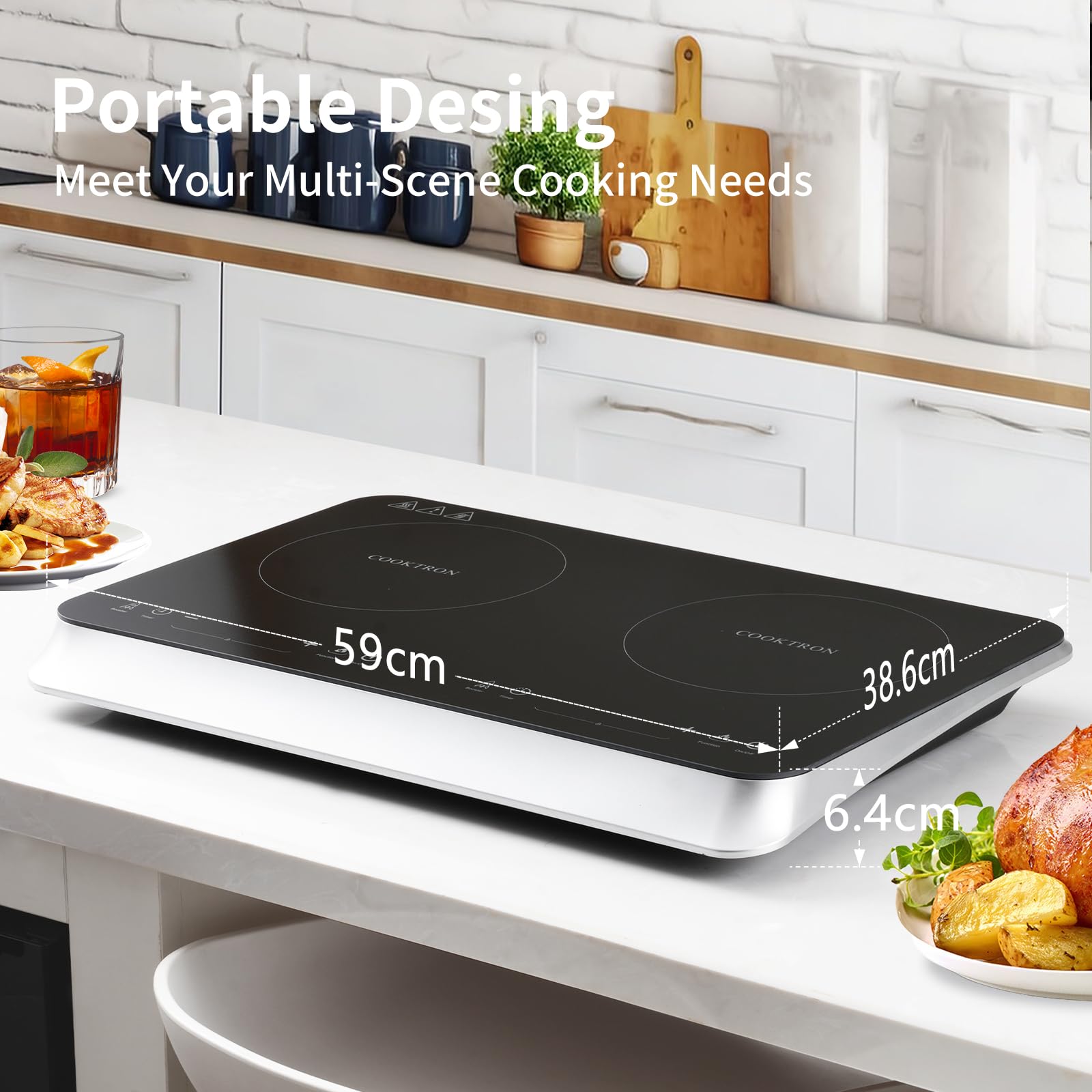 COOKTRON diseño portátil y compacto, ideal para cocinas pequeñas y viajes.