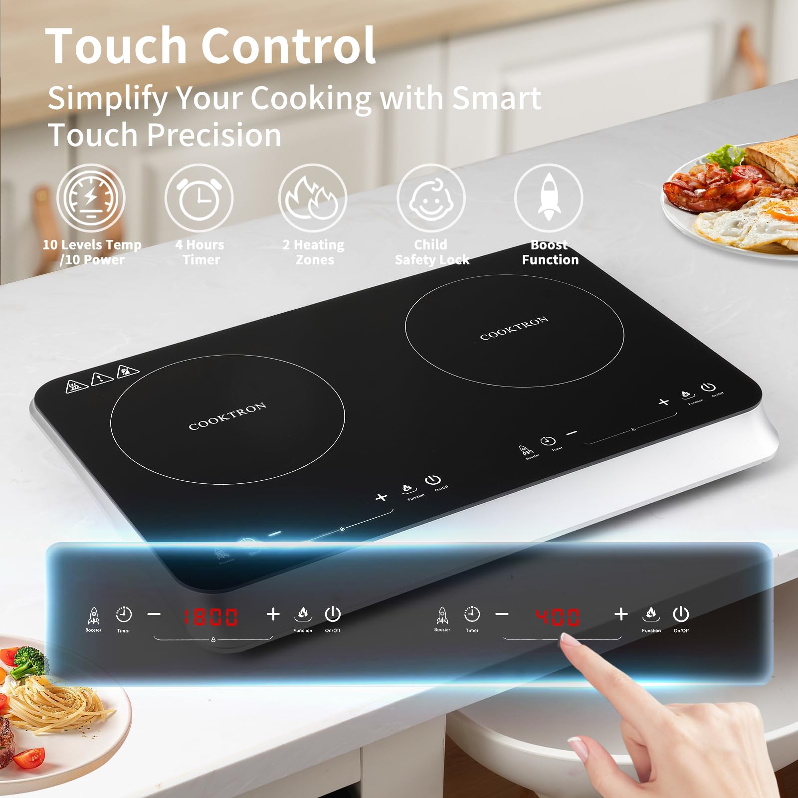 COOKTRON panel táctil iluminado para control preciso de temperatura y tiempo.