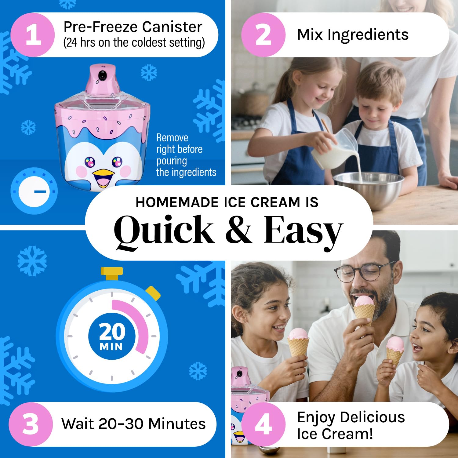 Cooler Concepts Pinguino, operación con un toque para preparar helados fácilmente.